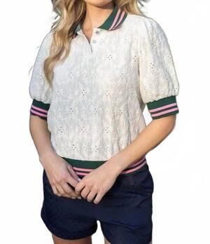 NEW VOY stripe ribbed knit collared floral eyelet top in white